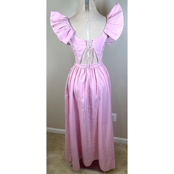 For Love & Lemons Miriam Ruffle Sleeve Bow Detail Pink Maxi Dress Sz Small - Picture 13 of 15